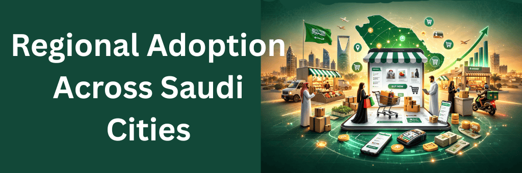 Modern illustrated map of Saudi Arabia highlighting Riyadh, Dammam, Abha, and Madinah with digital connectivity icons representing regional marketplace adoption