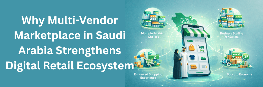 Infographic-style illustration showing a Saudi multi-vendor marketplace ecosystem with smartphone platform, sellers, product variety, business scaling, and economic growth visuals.